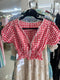 Ladies Cute Gingham Lace Border Puff Sleeves Crop Tops